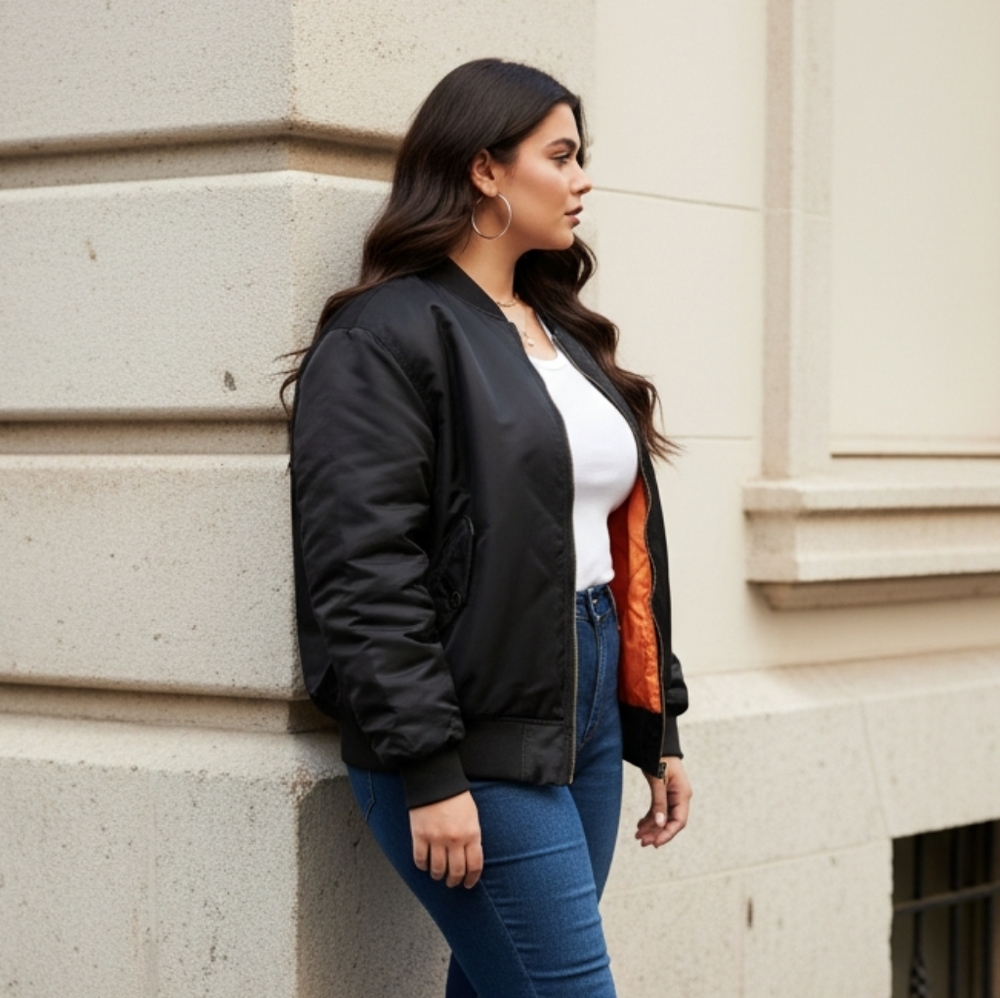 Women's Black Bomber Jacket with Orange Lining - Picture 13 of 14